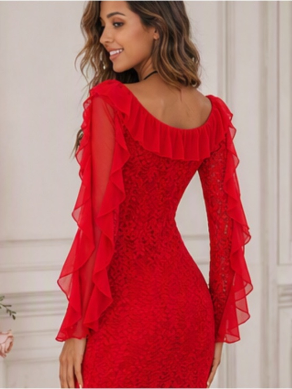 🌹Sexy Vibrant Red Lace Off Shoulder Dress with Chiffon Ruffle Trim 🌹 CBR - Picture 4 of 11